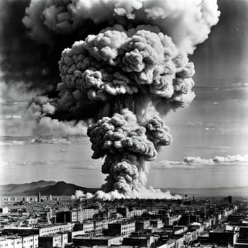 A photograph of a nuclear explosion against the backdrop of destroyed buildings and vacant lots and people. Military combat operations. Nuclear mushroom. Weapons of mass destruction.