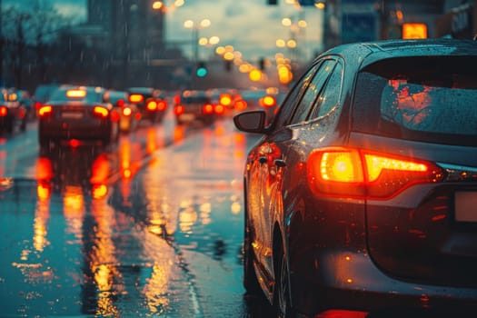 A busy street with cars driving in the rain.