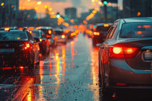A busy street with cars driving in the rain. The cars are all different colors and sizes