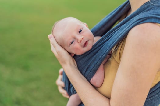 Mom walks with her newborn baby in a sling. This moment highlights the close bond between mother and child, promoting comfort, security, and the benefits of babywearing in everyday life.