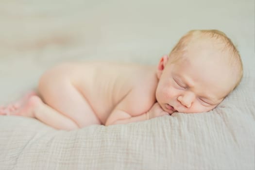 The baby is sleeping peacefully in his cozy nest. Newborn photo session captures the serene innocence and warmth of early moments.