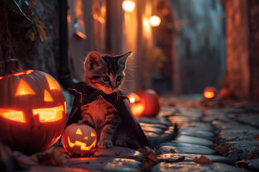 a cat as a symbol of superstition and pumpkin. Halloween concept. AI generated, human enhanced.