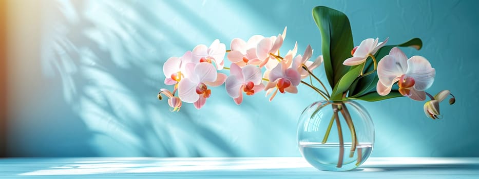 Orchids flower in transparent glass vase standing on white table, sunlight on pastel blue color wall with the light coming in through the window creating shadows. Mockup template. copy space.