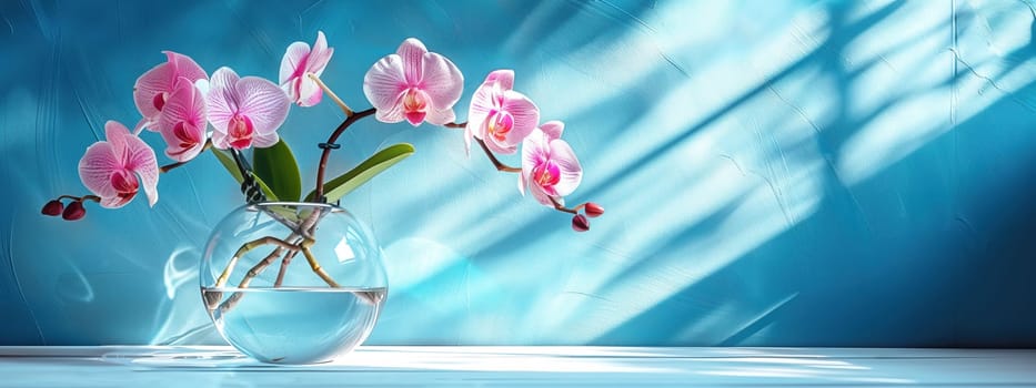 Orchids flower in transparent glass vase standing on white table, sunlight on pastel blue color wall with the light coming in through the window creating shadows. Mockup template. copy space.