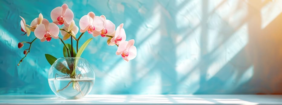 Orchids flower in transparent glass vase standing on white table, sunlight on pastel blue color wall with the light coming in through the window creating shadows. Mockup template. copy space.