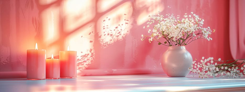 Pink candles and glass vase with white flowers standing on table, sunlight on pastel pink wall. Mock up, space for copy.