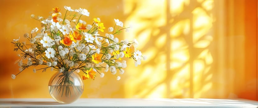 Bouquet of wildflowers in a small glass vase on the white table. chamomiles, cornflowers, green grass. Summer concept. Contrast shadows on the pastel yellow wall. Country style. Mockup template. space for copy.