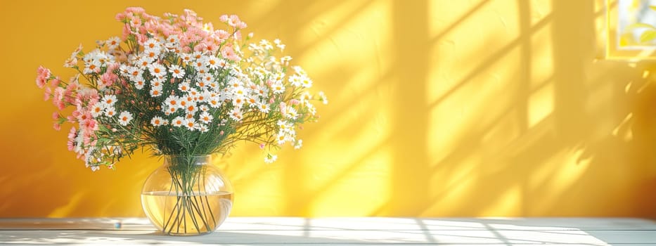 Bouquet of wildflowers in a small glass vase on the white table. chamomiles, cornflowers, green grass. Summer concept. Contrast shadows on the pastel yellow wall. Country style. Mockup template. space for copy.