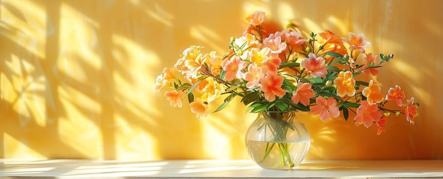 Bouquet of wildflowers in a small glass vase on the white table. chamomiles, cornflowers, green grass. Summer concept. Contrast shadows on the pastel yellow wall. Country style. Mockup template. space for copy.