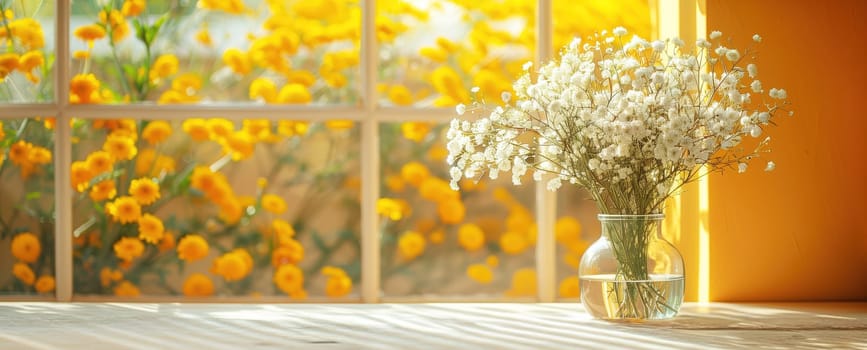 Bouquet of wildflowers in a small glass vase on the white table. chamomiles, cornflowers, green grass. Summer concept. Contrast shadows on the pastel yellow wall. Country style. Mockup template. space for copy.