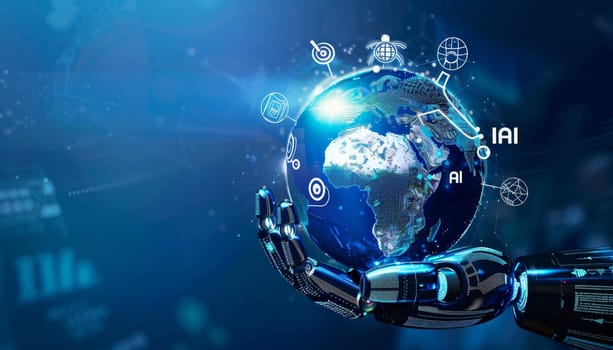 A robot is holding a globe with the letters AII on it by AI generated image.