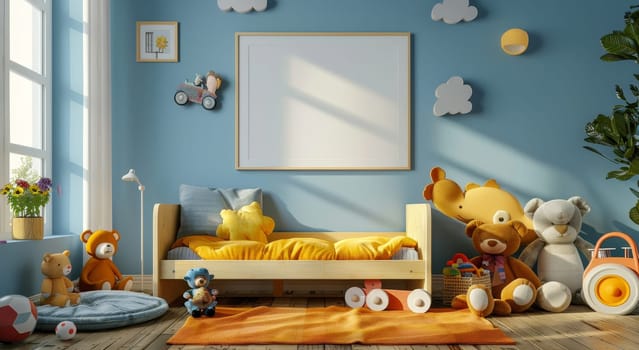 A room with a yellow bed and a white frame with a teddy bear on it by AI generated image.