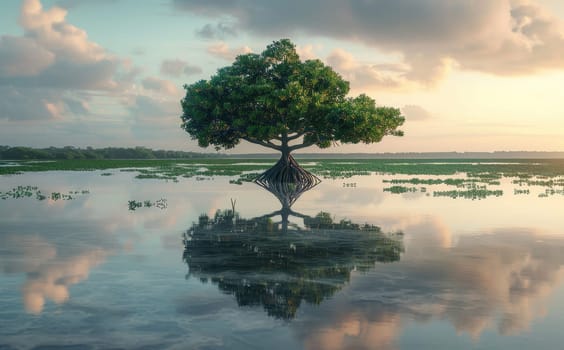 A large tree is reflected in the water by AI generated image.