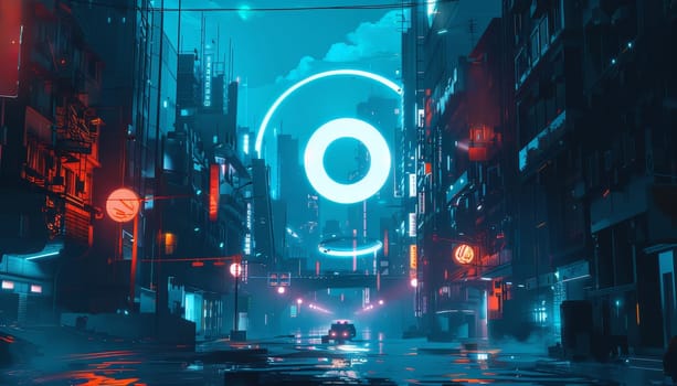 A cityscape with neon lights and a large circle in the middle by AI generated image.