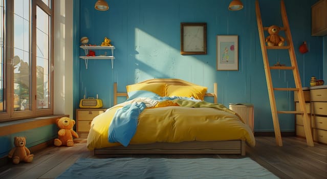 A bedroom with a yellow bed and a ladder by AI generated image.