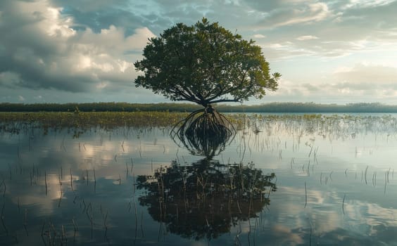 A large tree is reflected in the water by AI generated image.