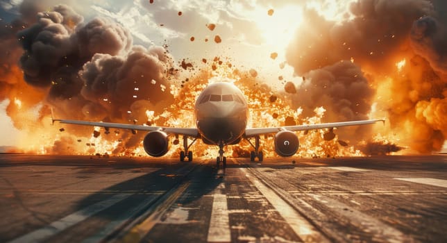 A plane is flying through a bomb explosion by AI generated image.