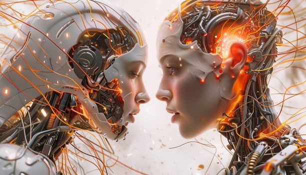 Two robots are facing each other with their eyes open by AI generated image.