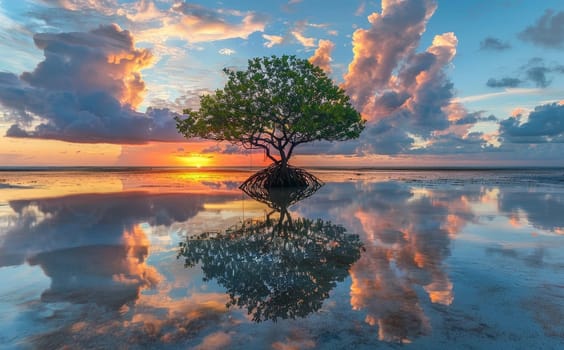 A tree is reflected in the water of a lake by AI generated image.