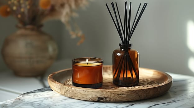 A close-up shot of a lit brown candle and a reed diffuser in a glass bottle, both sitting on a wooden tray on a marble countertop. The candle is burning brightly, and the diffuser has black reeds in it. The tray is round and has a natural wood grain. The image is taken in a well-lit room, and the background is blurred.