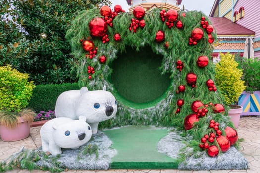 New Year's background portal with red Christmas balls for photos. 4k