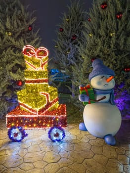 New Year's Christmas snowman as a close-up decoration. photo