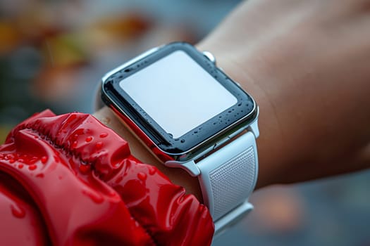 The image shows a white smartwatch with a blank screen worn on a persons wrist. The watch is wet from the rain, and there are water droplets on the screen and the band. The person is wearing a red jacket, and the background is blurred.