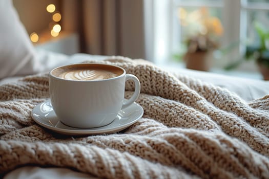 A cup of coffee sits on a saucer atop a soft, knitted blanket, creating a warm and inviting scene. The soft lighting and cozy atmosphere suggest a relaxing moment at home, perhaps in the morning or on a chilly afternoon.