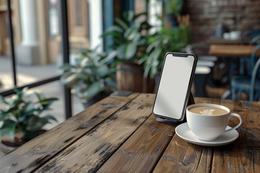 A rustic wooden table in a cafe setting with a smartphone standing upright and a cup of coffee on a saucer. The smartphone has a blank white screen, suitable for mockups or product displays. The table is in focus, while the background is blurred with the cafes decor and greenery. The image offers a warm and inviting feel, perfect for showcasing digital content or branding.