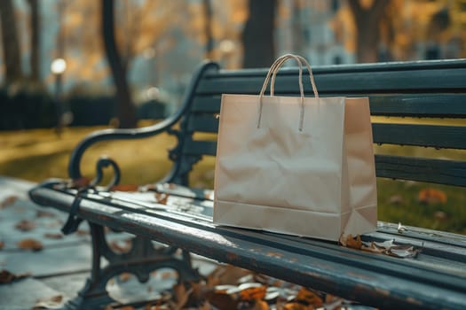 A brown paper bag sits on a wooden bench in a park during the autumn season. The bench is made of dark wood with metal supports and has fallen leaves scattered on the ground around it. The background is blurred, showing trees with yellow and brown leaves.