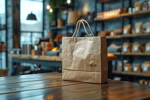 A simple brown paper bag sits on a rustic wooden table in a coffee shop. The bag is closed and has a handle made of brown string. The background is out of focus, showing the interior of the shop, with shelves of goods and a window with light streaming in.