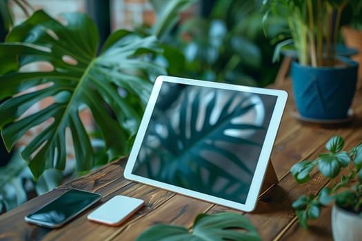 A white tablet rests on a wooden table with a green plant reflected in its screen. There is a smartphone and a small white object on the table as well. Lush green foliage surrounds the scene, creating a calm and peaceful atmosphere.