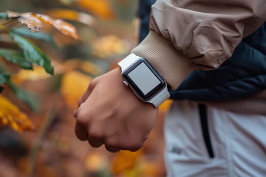 A person wears a white smartwatch on their wrist in an autumnal setting. The person is wearing a brown jacket and white pants. The focus is on the smartwatch, which has a white band and a black face. The background is blurred and consists of fall foliage.