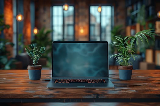 This image shows a laptop computer sitting on a wooden table in a modern office setting. Two small potted plants are placed on either side of the laptop, and there are large windows in the background. The laptop screen is dark and the keyboard is lit up, suggesting that it is being used. The overall impression is one of a calm and productive workspace.