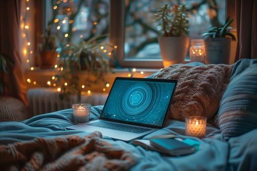 An open laptop sits on a bed with two candles and a book. The bedroom is decorated with string lights and a window view. The setting is cozy and inviting for a relaxing evening.