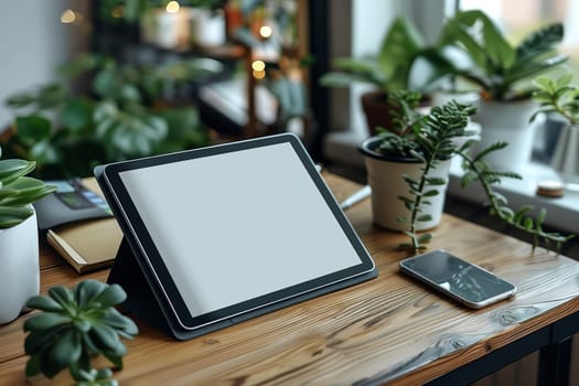 A tablet computer with a blank screen sits on a wooden desk. The desk is surrounded by plants, creating a natural and serene atmosphere. The tablet is positioned at a slight angle, and there is a smartphone beside it.