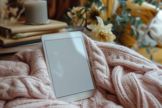 A white tablet sits on a cozy, pink knit blanket. Books and a candle are stacked on a nearby table, with flowers and greenery blurred in the background. This scene evokes a sense of relaxation and comfort.