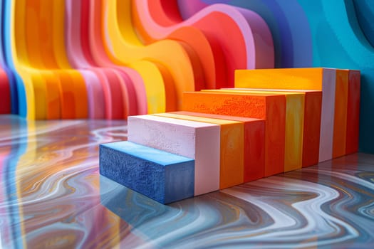 This image shows a set of colorful steps in a studio setting. The steps are made of different colored blocks, and they are set up against a wall that is painted in a rainbow pattern. The floor is a light blue color with a white marble-like design.