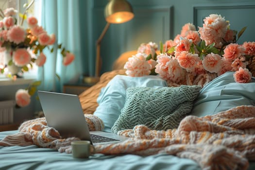 A close-up shot of a cozy bed with a laptop, a knitted blanket, and a vase of pink flowers. The bed is made with light blue sheets and pillows, and the blanket is a soft, cream color with a delicate knit pattern. The laptop is open and sits on the bed, while the flowers are arranged in a vase on a windowsill. The overall scene is inviting and relaxing, suggesting a comfortable and peaceful atmosphere.