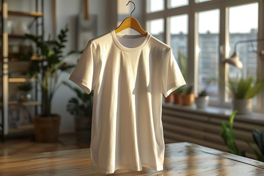 A close-up of a white t-shirt hanging on a wooden hanger in a room with large windows. The sun is shining through the windows, casting light on the t-shirt, making it look bright and clean. The background shows a wooden shelf and various plants.