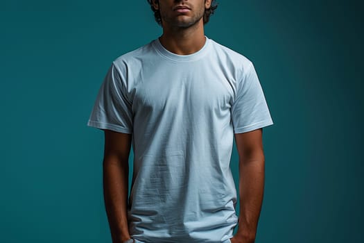 A man with short brown hair is wearing a plain white t-shirt. He is standing with his hands in his pockets. He is positioned in front of a solid teal background.