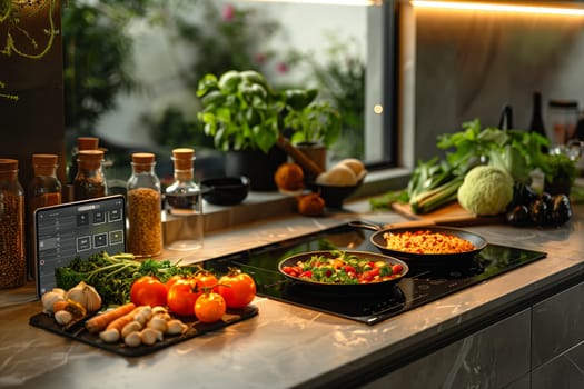 A sleek, modern kitchen with an induction cooktop and a variety of fresh produce on the countertop. There are two pans on the cooktop, one with vegetables and the other with cooked food. The countertop is clean and well-lit, and there are plants and windows in the background.