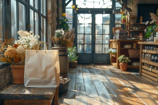 A paper bag sits on a wooden bench in a sunny greenhouse shop. Sunlight streams through the large windows, casting shadows on the wooden floor. Plants and flowers are visible in the background, creating a cozy and inviting atmosphere.
