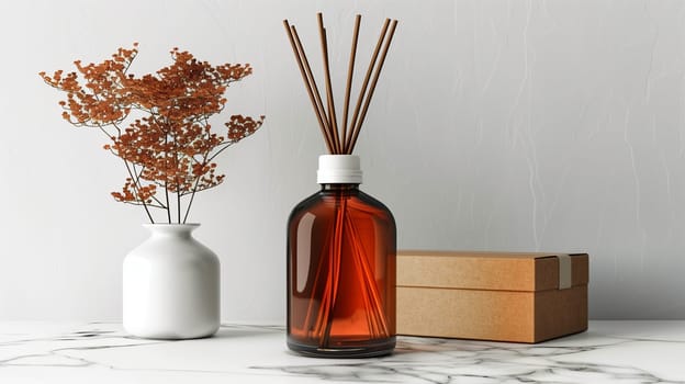 This image shows a brown glass reed diffuser bottle with wooden sticks inserted in the liquid. There are dried flowers in a white ceramic vase to the left of the diffuser. A brown cardboard box sits on the marble surface to the right of the diffuser bottle.