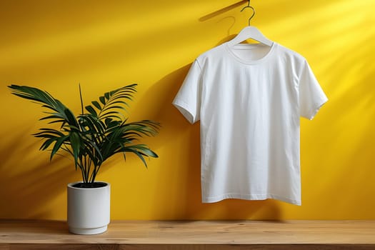 A white t-shirt hangs on a white hanger against a bright yellow wall. A potted plant with green leaves sits on a wooden table in the foreground, adding a pop of natural color to the scene. The image captures a minimalist and modern aesthetic.