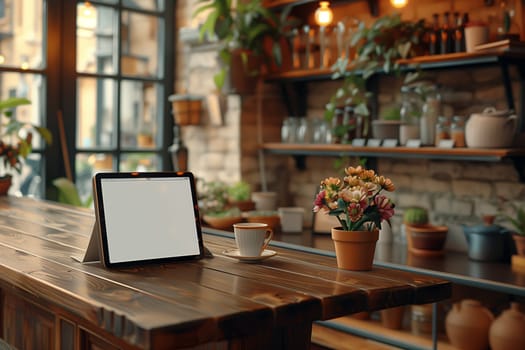 A tablet computer rests on a wooden table in a cafe, beside a cup of coffee and a pot of flowers. The cafes interior is visible in the background, with shelves stocked with various items, including plants, glasses, and bottles. Natural light streams in from the large windows behind the table, creating a warm and inviting atmosphere.