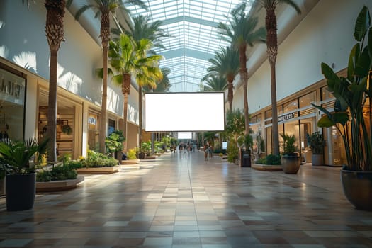 An empty, white billboard hangs in the middle of a modern shopping mall, showcasing a prime location for advertisement. The mall features a high glass ceiling, allowing sunlight to illuminate the tiled floors, and is lined with palm trees, creating a tropical ambiance. Several people walk through the mall in the distance.