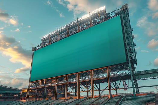 A large green scoreboard, blank and ready for a message, sits above the seats at a baseball stadium during the day. The sky is blue with some wispy clouds.