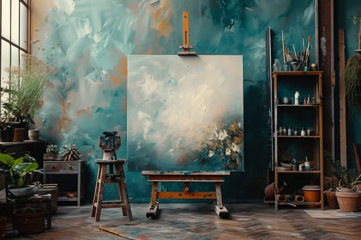 A large canvas on an easel in an artists studio is being painted with blue and white abstract shapes. The canvas is set against a teal wall in the studio, and there are other art supplies and furniture visible in the background.