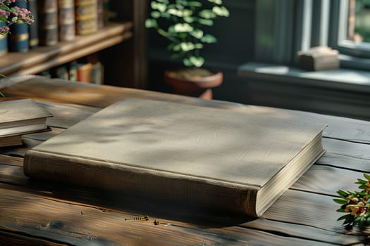 A large, hardback book lies closed on a wooden table. Sunlight streams in from a nearby window, casting shadows across the books surface. In the background, a bookshelf filled with books and a potted plant with green leaves can be seen. The scene evokes a sense of peace and tranquility.